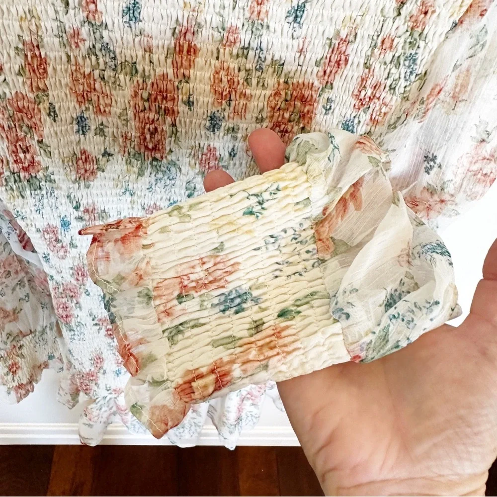 STORIA Womens Pastel Floral Smocked Chiffon Ruffle Teim Dress Long Sleeve Medium - Picture 11 of 11